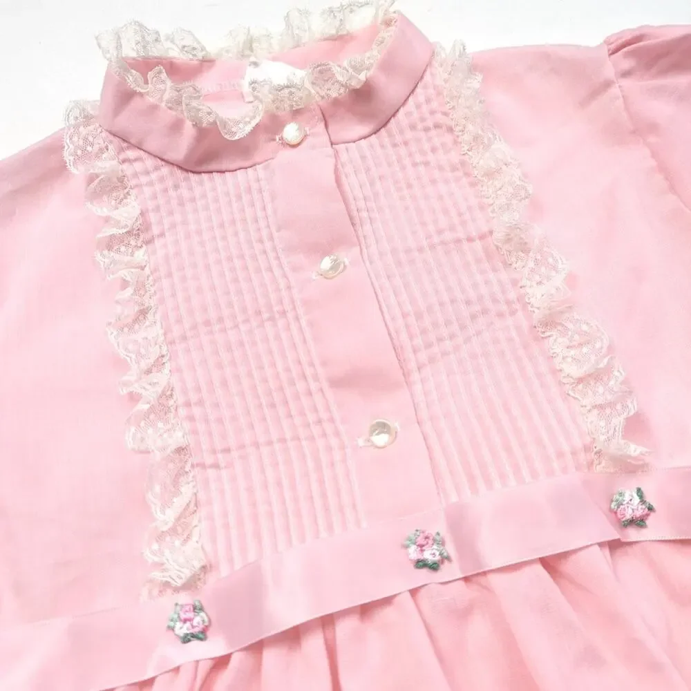 Vintage Blouse Girls Size 8-9 Pink Rosette Short Sleeve